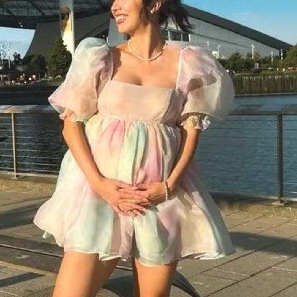Fairycore Pastel Goth Watercolor Puff Sleeve Babydoll Dress XL Pink Blue Organza